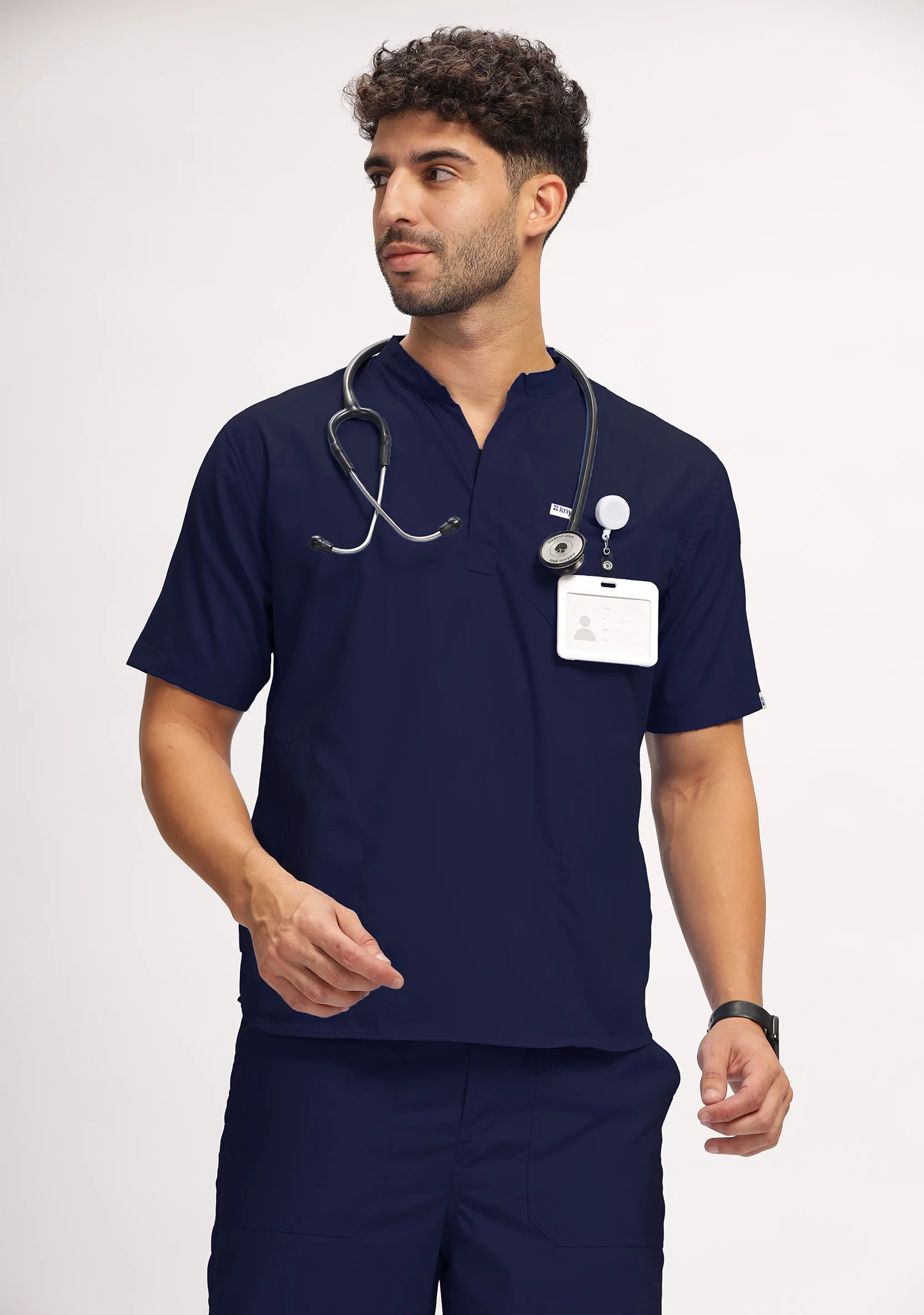 Classic Men's Mandarin Collar (Navy) Scrub - Image 5